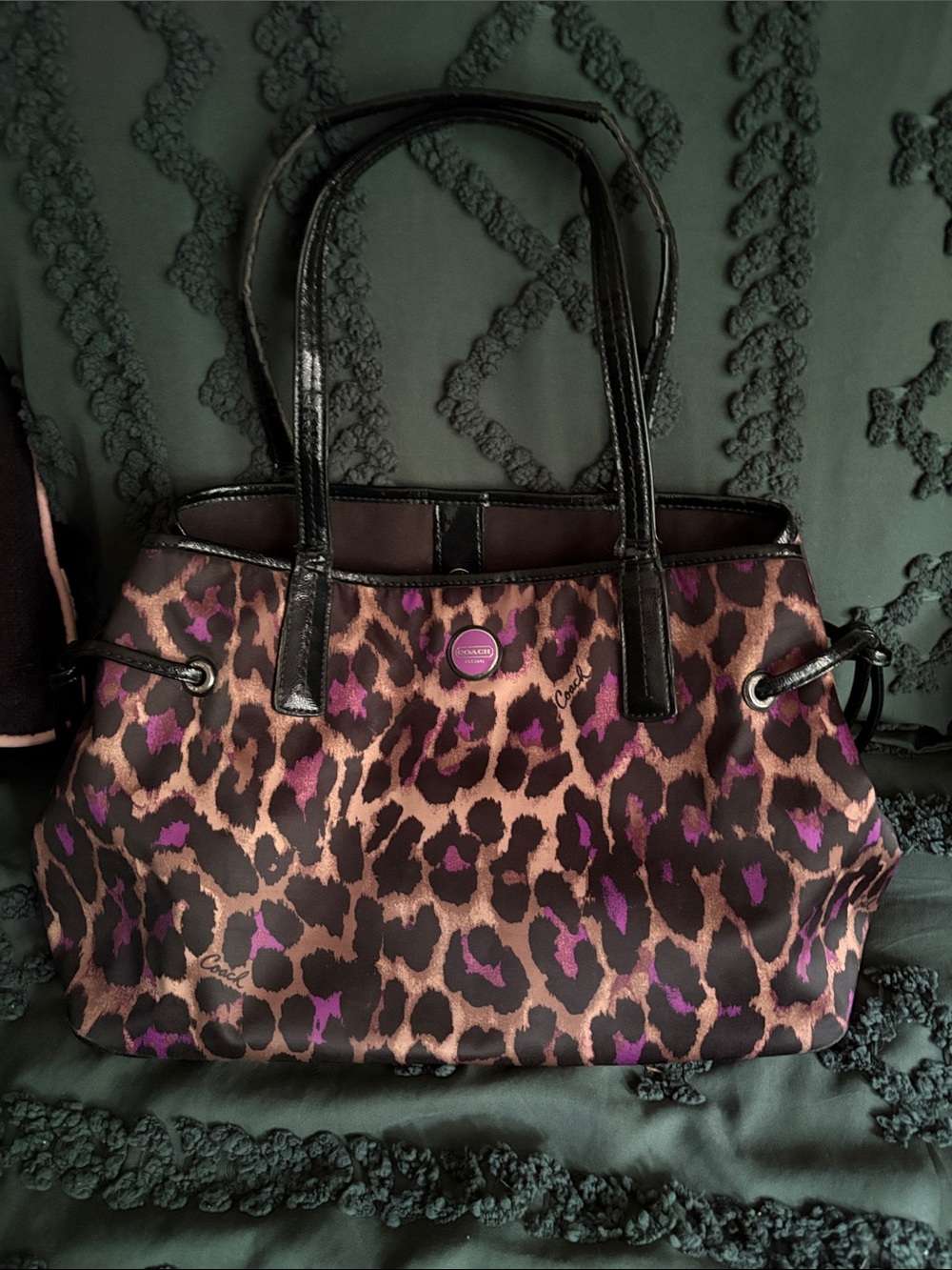 Coach Leopard-Print Tote in Brown, Black & Purple Accent